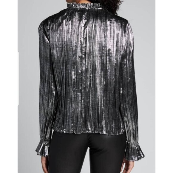 Jonathan Simkhai Blouse Metallic Silver Plisse Ruffle Flowy V Neck Holiday NYE - Picture 3 of 10